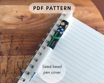Moon phases seed bead peyote stitch pen cover pattern, Blue flowers Miyuki Delica Floral design Mooncore Art therapy PDF digital 001