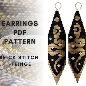 May include: A pair of black and gold beaded earrings with a snake design and white flower accents. The earrings are labeled "EARRINGS PDF PATTERN BRICK STITCH + FRINGE".