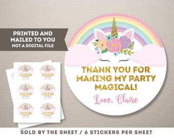 Unicorn Stickers Unicorn Birthday Stickers Unicorn Thank You Stickers 3 Inch Favor StickersPrinted