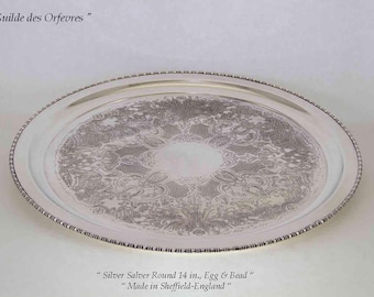 Silver Salver Round 14 in., Egg & Bead Border, Embossed