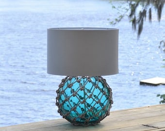 Glass Fishing Float Lamp with Gray Linen Lamp Shade