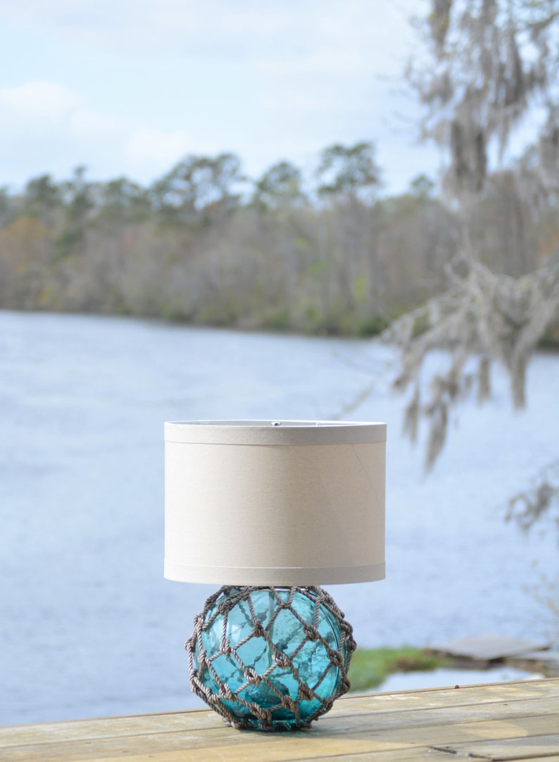Teal Glass Fishing Float Lamp With Linen Lamp Shade Etsy