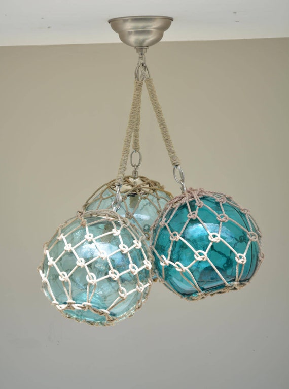 Glass Fishing Float Cluster Pendant Light, With 3 Floats and Rope