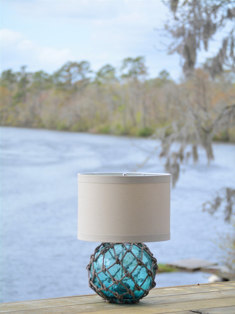 Teal Glass Fishing Float Lamp With Linen Lamp Shade Etsy