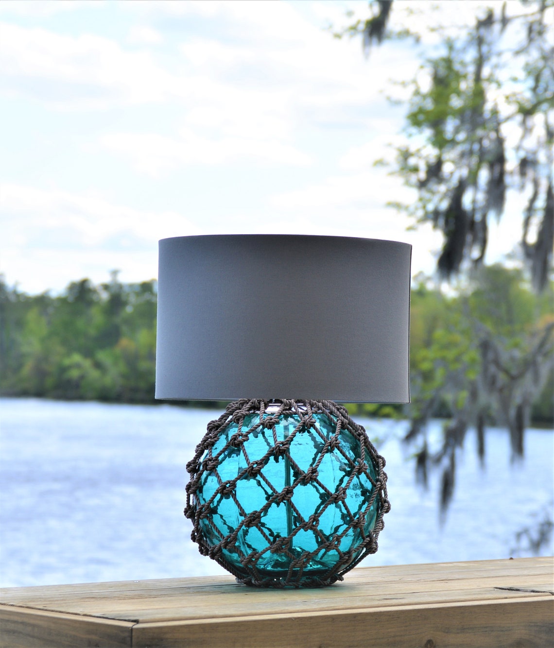 Large Teal Glass Fishing Float Lamp With Gray Linen Lamp Shade Etsy