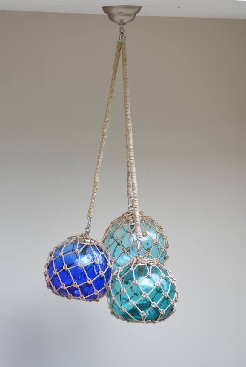 Glass Fishing Float Cluster Pendant Light, With 3 Floats and Rope Covered  Chains 
