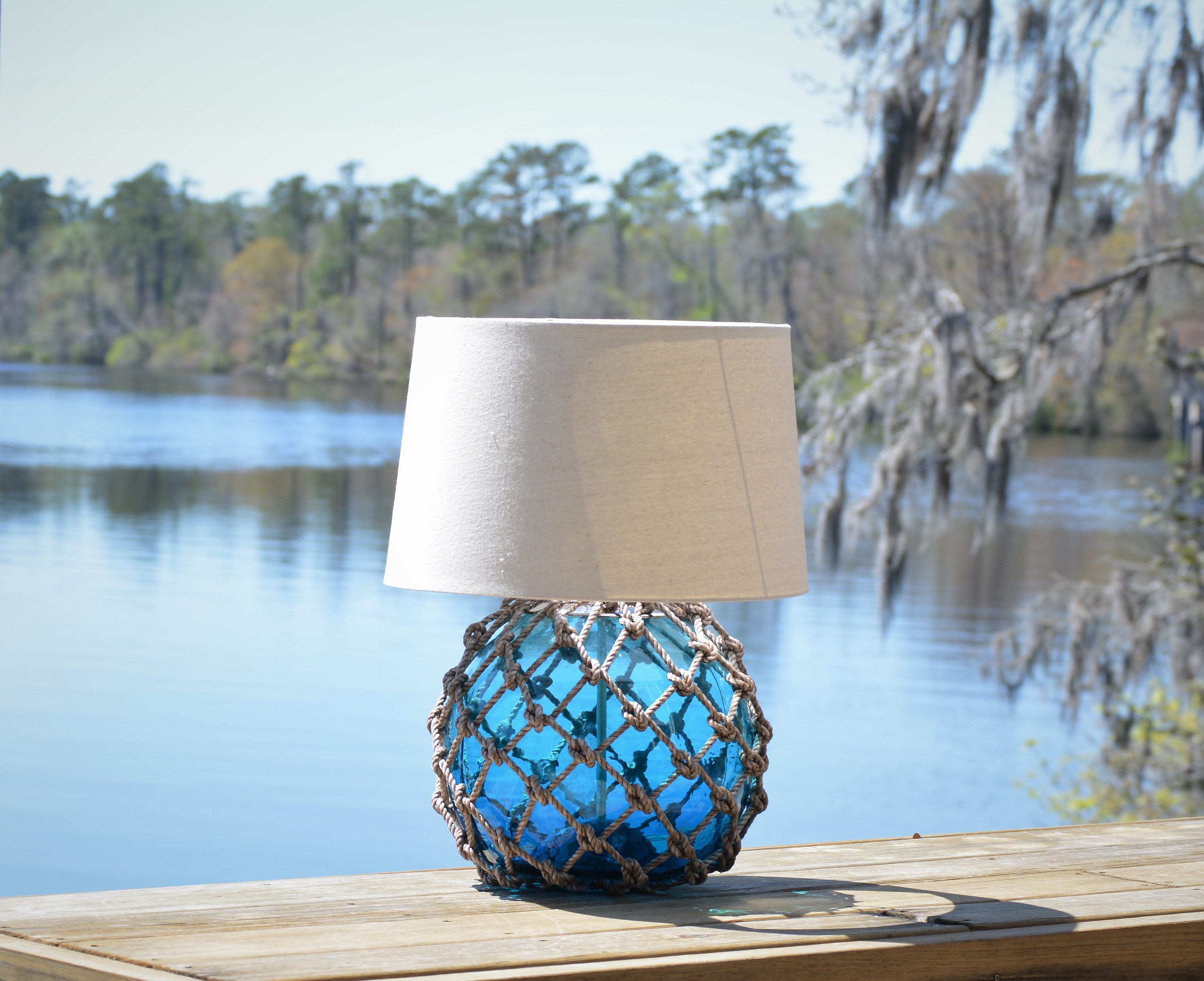 Large Aqua Fishing Float Lamp With Tan Lamp Shade -  UK