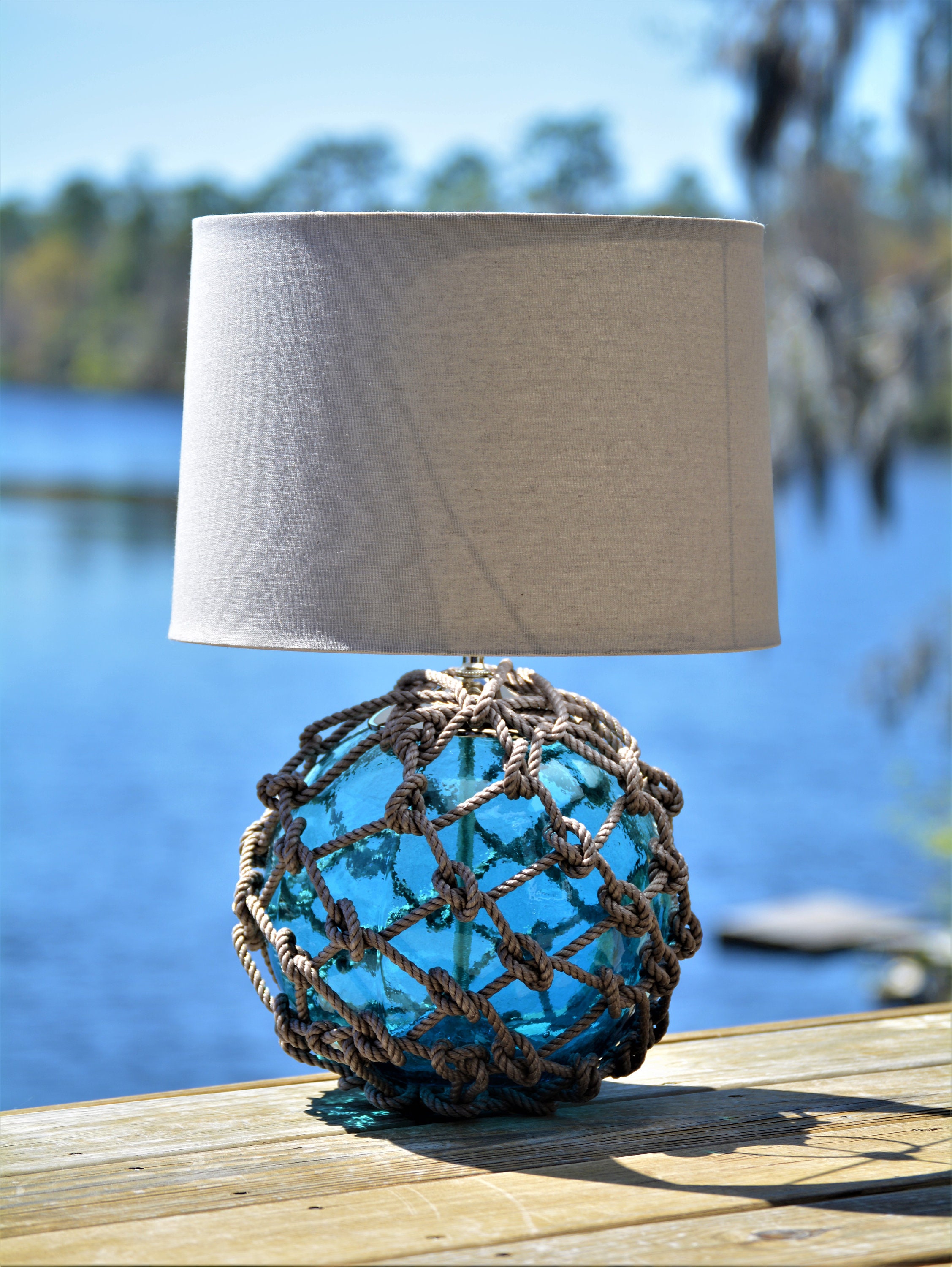 Aqua Glass Fishing Float Lamp with Gray Lamp Shade Etsy