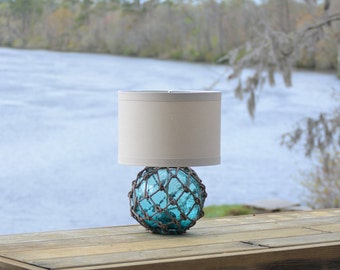 Teal Glass Fishing Float Lamp with Linen Lamp Shade