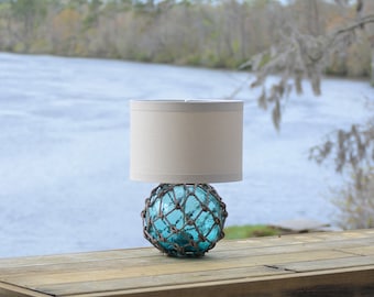 Teal Glass Fishing Float Lamp with Linen Lamp Shade