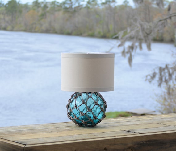 Teal Glass Fishing Float Lamp With Linen Lamp Shade 