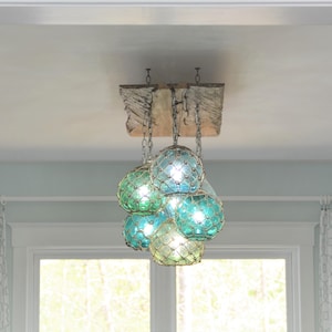 Glass Fishing Float Light Fixture, Chandelier with 7 Floats