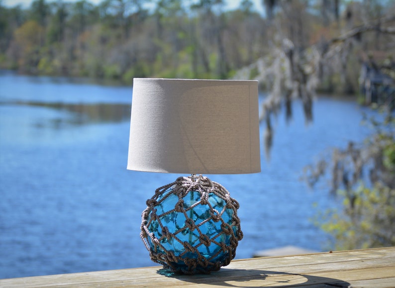 Aqua Glass Fishing Float Lamp With Gray Lamp Shade Etsy