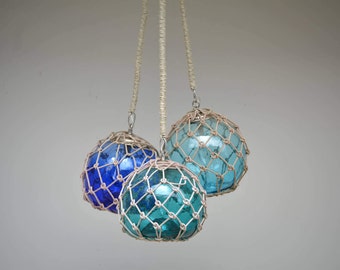 Glass Fishing Float Cluster Pendant Light, with 3 Floats and rope covered chains
