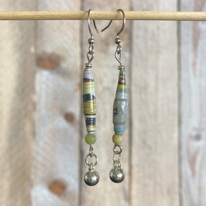 Paper Bead Dangle Earrings, Paper Bead and Silver Drop Earrings, Boho Paper Bead Earrings, Artsy Paper Bead and Jade Earrings