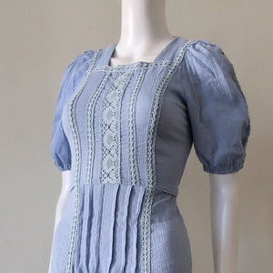 Finnish Vintage Heikkilä prairie maxi dress with crochet lace details and puff sleeves 1970s 70s 1980s 80s made in Finland