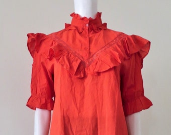 German Vintage red cotton prairie blouse with pie crust collar and ruffle bib 1980s 80s Deadstock