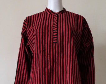 Vintage Eevamaija Finland striped atelier painter cotton shirt blouse with grandad collar and press button tab 1970s 70s