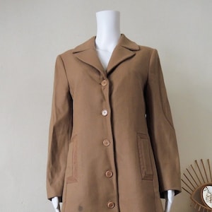 Vintage Anna Holtblad camel colored wool coat with grosgrain ribbon details 1990s 90s made in Italy