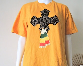 Vintage Ethiopian cotton t-shirt top with cross print Rastafari Roots Reggae Africa 1980s 80s 1990s 90s