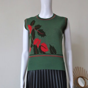 Vintage green knit vest gilet with leaves and stripe details 1960s 60s 1970s 70s