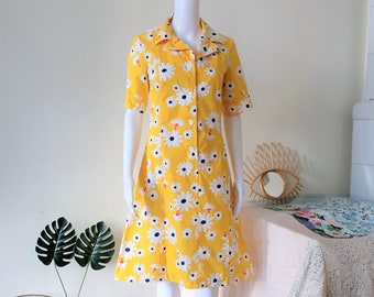 Vintage Yellow Floral Midi Shirt Dress Flowers 1960s 60s 1970s 70s