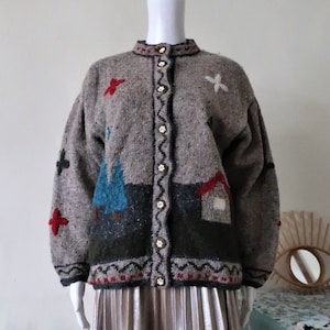 Vintage Austrian trachten wool knit scenic cardigan sweater with countryside embroidery intarsia and Edelweiss buttons 1980s 80s 1990s 90s