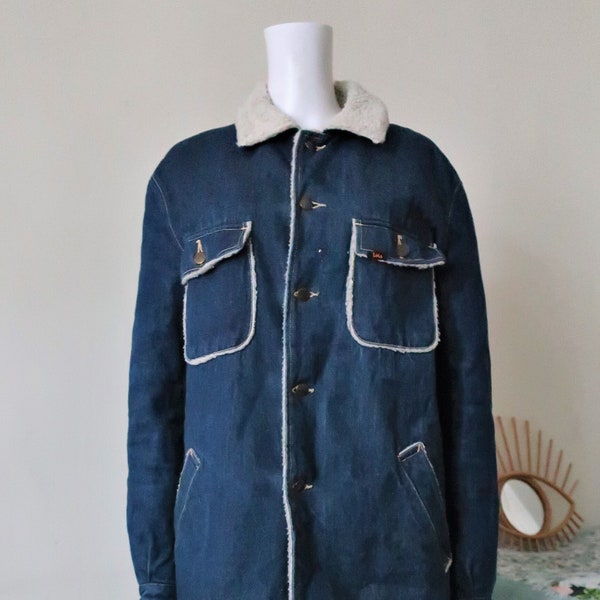 Vintage Lois denim jeans short coat jacket with warm teddy sherpa shearling borg lining 1980s 80s