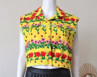 Vintage Marina Sitbon for Kamosho Paris cotton denim vest gilet with strawberry floral print pattern 1990s 90s made in France