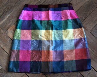Vintage tussah wild silk skirt with multicolor checkerboard check pattern and high waist fit 1980s 80s 1990s 90s