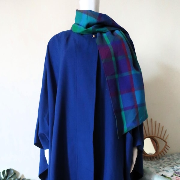 Irish Vintage Avoca wool cape poncho royal blue with sewn-on tartan plaid scarf 1990s 90s made in Ireland