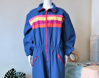 Vintage blue overall boilersuit with contrasting rainbow stripes and red front zipper 1980s 80s