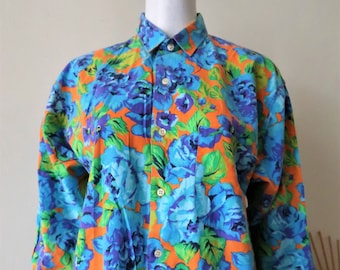 Spanish Vintage Carlos de Miguel floral flower cotton shirt blouse top with vibrant colors 1990s 90s