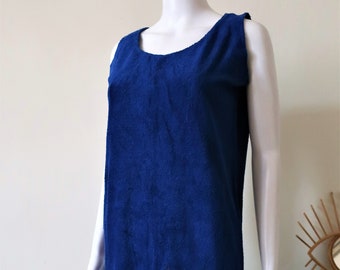 Vestido mini vintage sin mangas de rizo azul rey, años 80