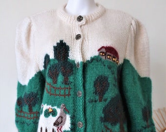 German Vintage handmade trachten wool knit folklore cardigan sweater landscape embroidery puff sleeves cottagecore 1980s 80s dead stock