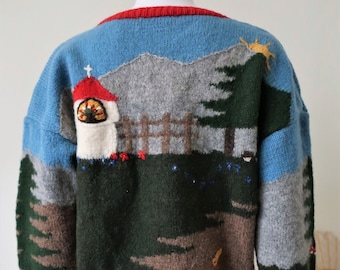Vintage Ortrud Rainer Austrian trachten handmade wool knit sweater pullover with whimsical mountain landscape embroidery intarsia 1990s 90s