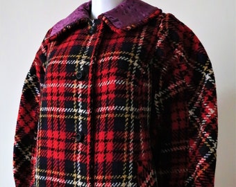 Vintage tartan check handmade A-line heavy wool winter coat with large velvet collar Sixties Mod 1960s 60s