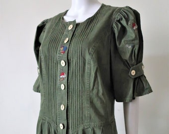 Austrian Vintage trachten khaki cotton midi dress with decorative stitching countryside embroidery and puff sleeves 1990s 90s