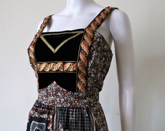 German Vintage Lucie Linden floral folklore maxi strap dress sundress with velvet bib front metallic embroidery 1980s 80s made in Germany