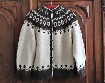 Danish Vintage Stobi handmade chunky wool knit Scandinavian folklore cardigan sweater 1990s 90s made in Denmark