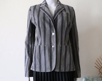 Blazer vintage in denim grigio Sonia Rykiel con audaci strisce antracite e dettagli in strass, anni 2000-2000