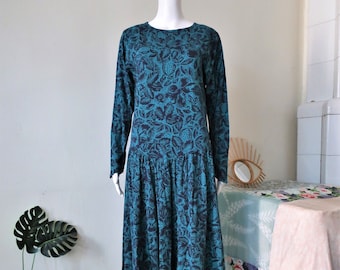 Vintage Laura Ashley dark blue and teal cotton dress with leaf print and drop waist 1990s 90s