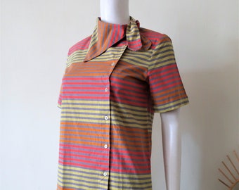 French Vintage Alain Manoukian striped cotton blouse shirt with statement neckerchief collar asymmetric button tab 1980s 80s made in France