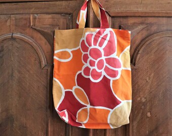 Vintage tote cotton canvas bag with psychedelic floral print 1970s 70s