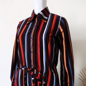 Vintage Marimekko Finland cotton maxi dress with bold stripe pattern and drawstring waist 1970s 70s