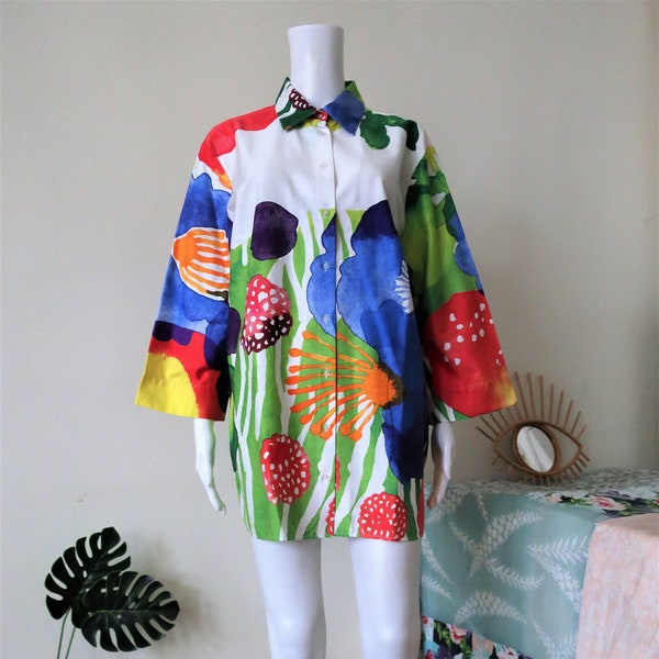 Vintage Marimekko Mika Piirainen cotton blouse shirt with watercolor floral print  2000s 00s