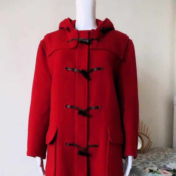 British Vintage Gloverall red dufflecoat duffle wool winter coat with hood 1980s 80s made in England