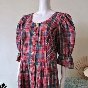 Vintage Austrian trachten cotton midi dress with floral check pattern puff sleeves and wooden disc buttons 1990s 90s