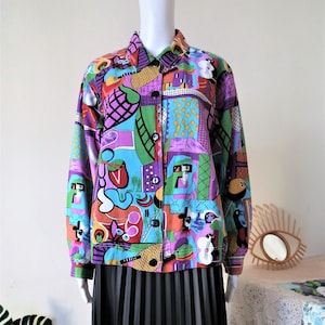 Vintage pop art print jacket linen cotton blend 1990s 90s 2000s 00s