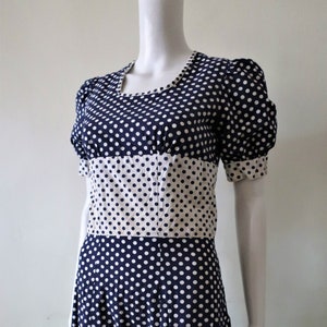 Vintage blue and white polka dot cotton maxi dress with square neck puff sleeves wide skirt and ruffle hem 1970s 70 1980s 80s